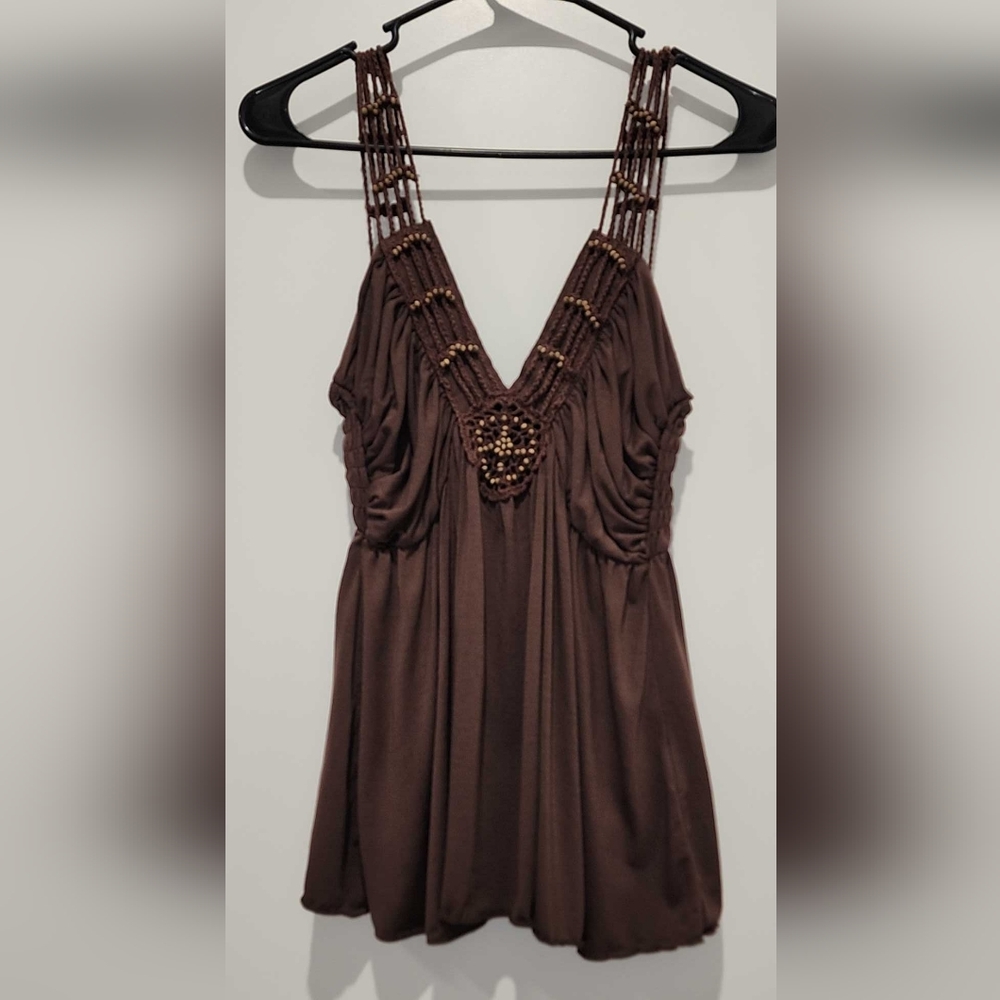 Chic Brown Women's Blouse with Bead Detailing